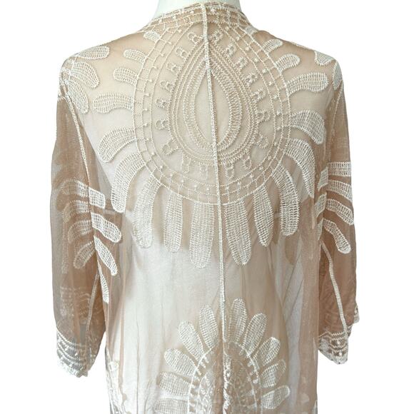 Rebellion Boho Open Duster Swim Cover Medium Tan Cream Floral Embroidery Sheer - Picture 6 of 16